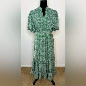 Max Studio London Green V neck Melon sleeve empire waist maxi dress size med EUC